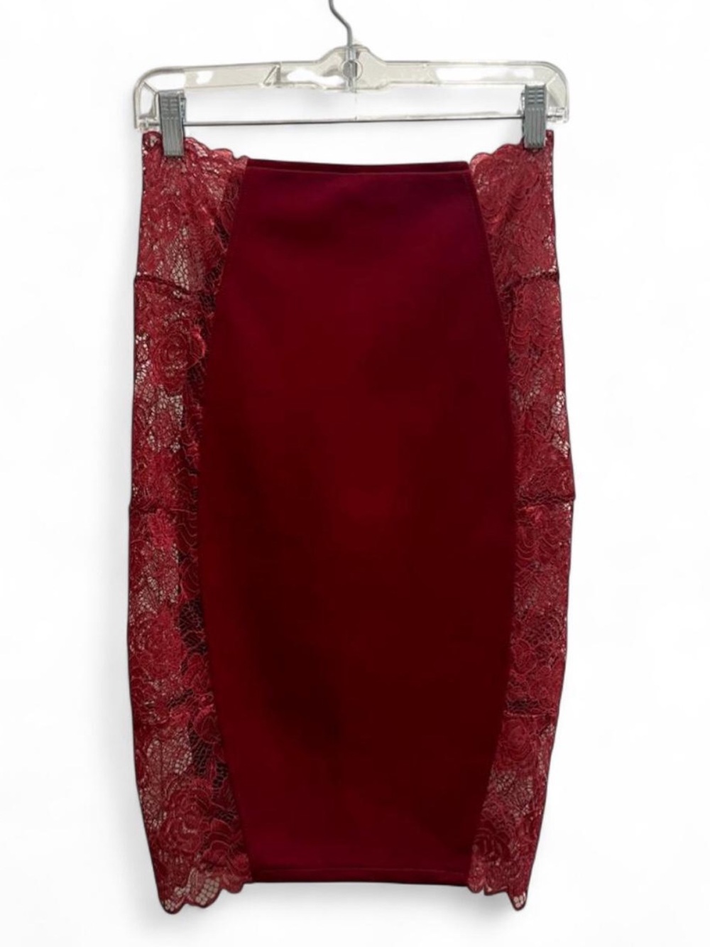 NWT Rehab Burgundy Wine Lace-Panel Midi Pencil Skirt